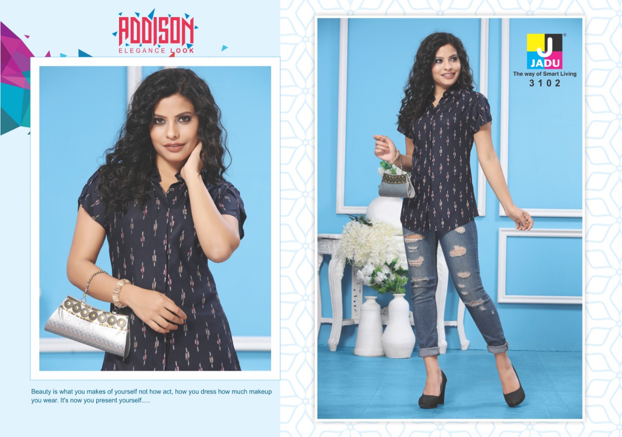 Addison By Jadu 3101 To 3106 Series Beautiful Colorful Stylish Fancy Casual Wear & Ethnic Wear & Ready To Wear Exports Quality Rayon Tops At Wholesale Price