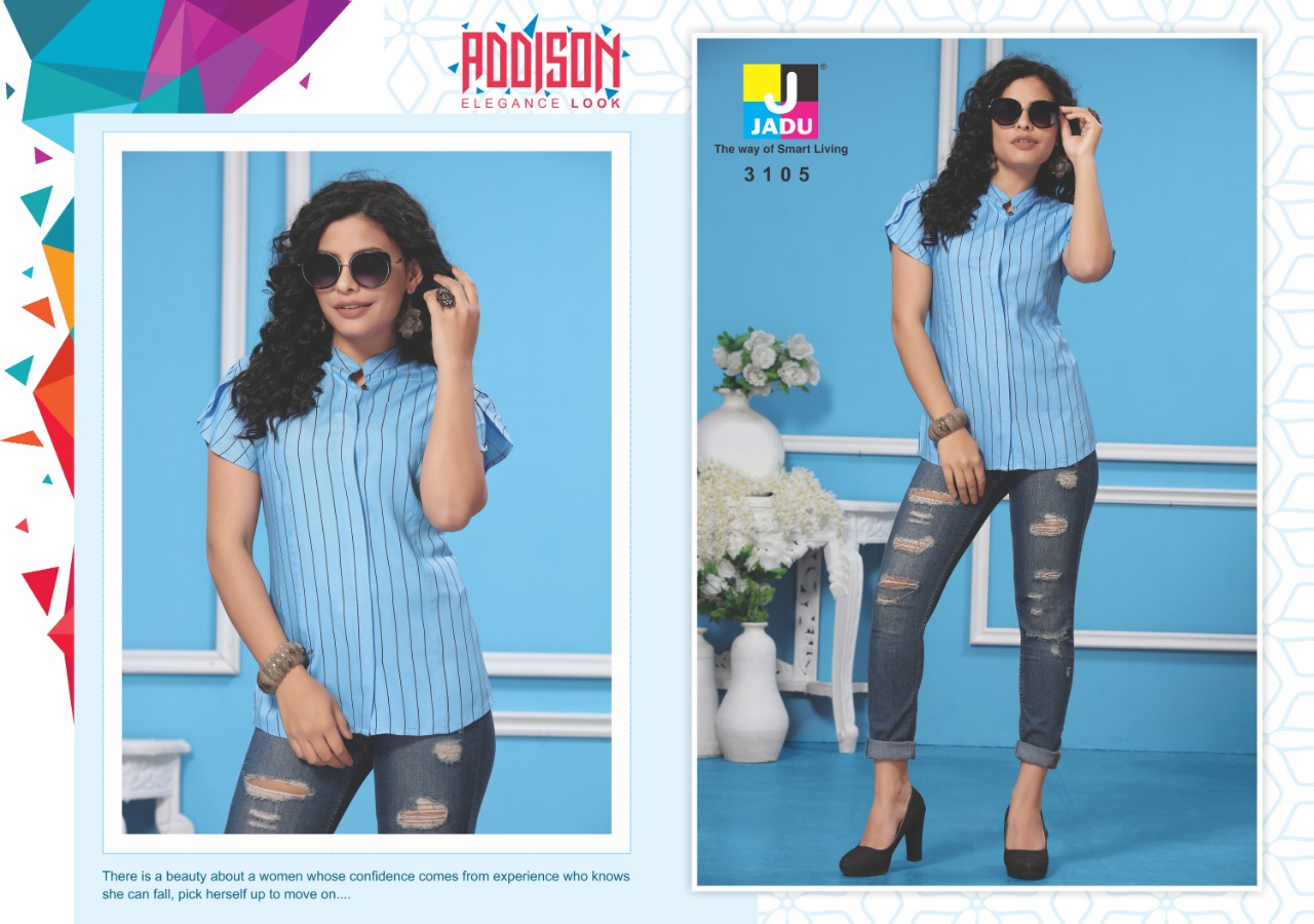 Addison By Jadu 3101 To 3106 Series Beautiful Colorful Stylish Fancy Casual Wear & Ethnic Wear & Ready To Wear Exports Quality Rayon Tops At Wholesale Price