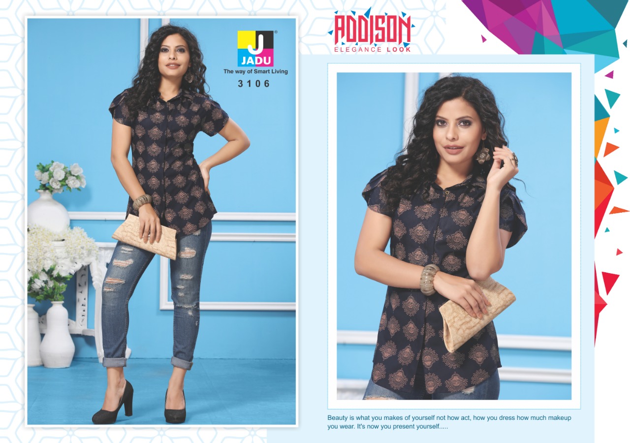Addison By Jadu 3101 To 3106 Series Beautiful Colorful Stylish Fancy Casual Wear & Ethnic Wear & Ready To Wear Exports Quality Rayon Tops At Wholesale Price