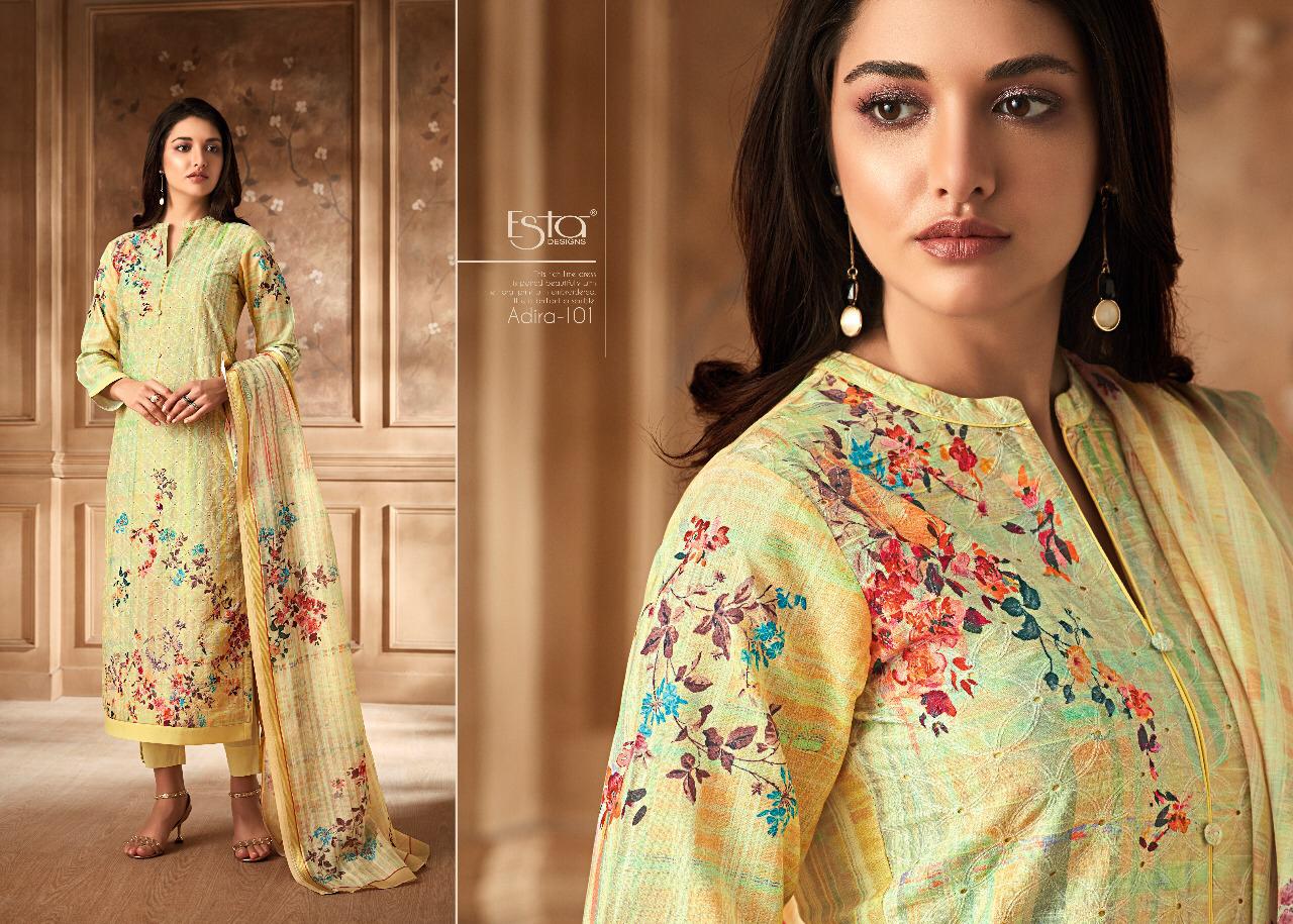 Adira By Esta Designs 101 To 112 Series Designer Suits Beautiful Stylish Fancy Colorful Party Wear & Occasional Wear Digital Printed Cotton Cambric With Shiffli Embroidery Dresses At Wholesale Price