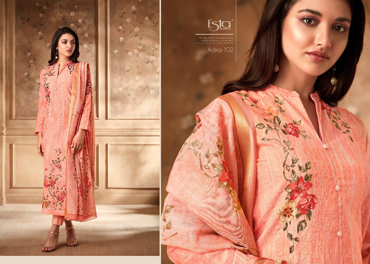 Adira By Esta Designs 101 To 112 Series Designer Suits Beautiful Stylish Fancy Colorful Party Wear & Occasional Wear Digital Printed Cotton Cambric With Shiffli Embroidery Dresses At Wholesale Price