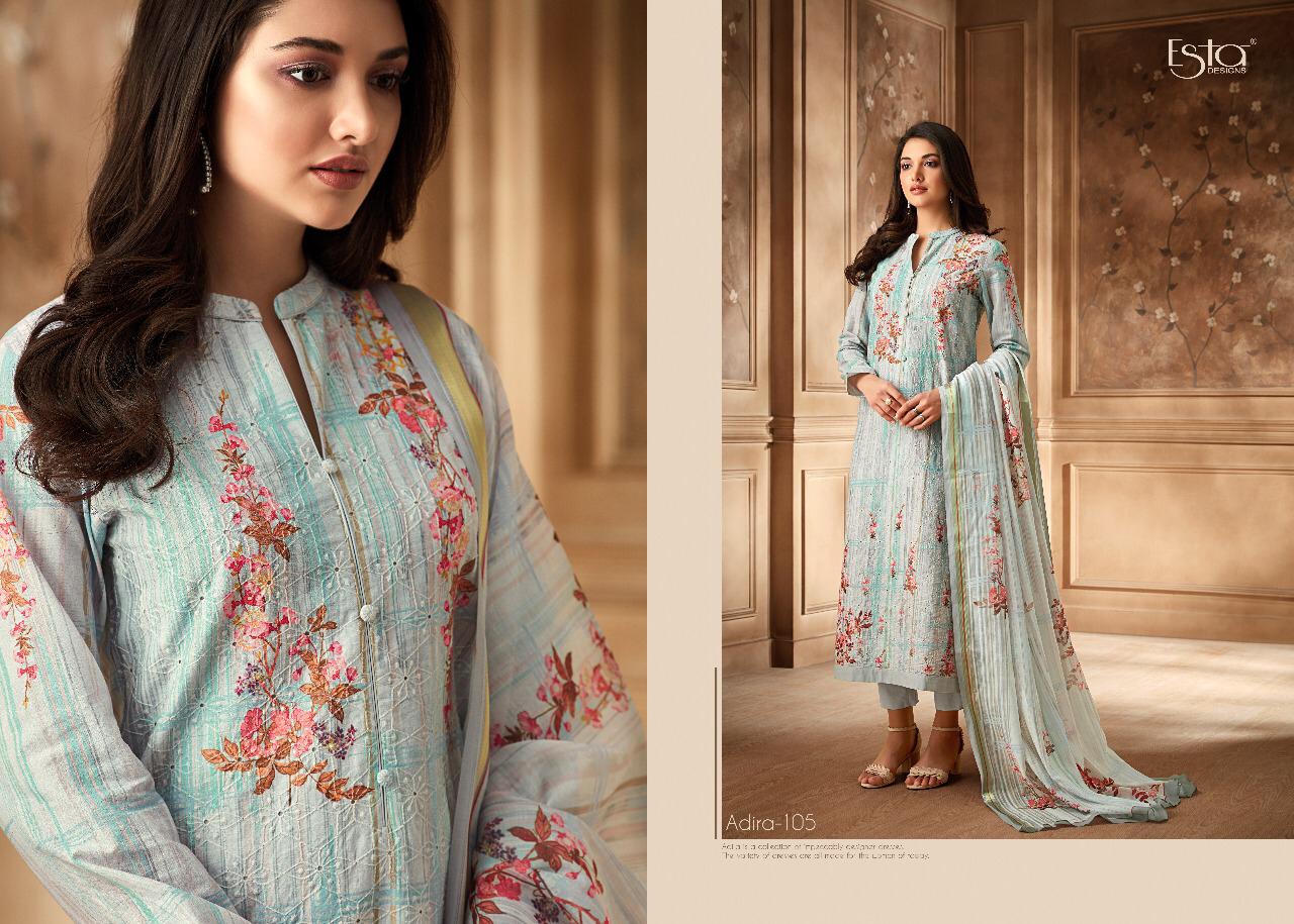 Adira By Esta Designs 101 To 112 Series Designer Suits Beautiful Stylish Fancy Colorful Party Wear & Occasional Wear Digital Printed Cotton Cambric With Shiffli Embroidery Dresses At Wholesale Price