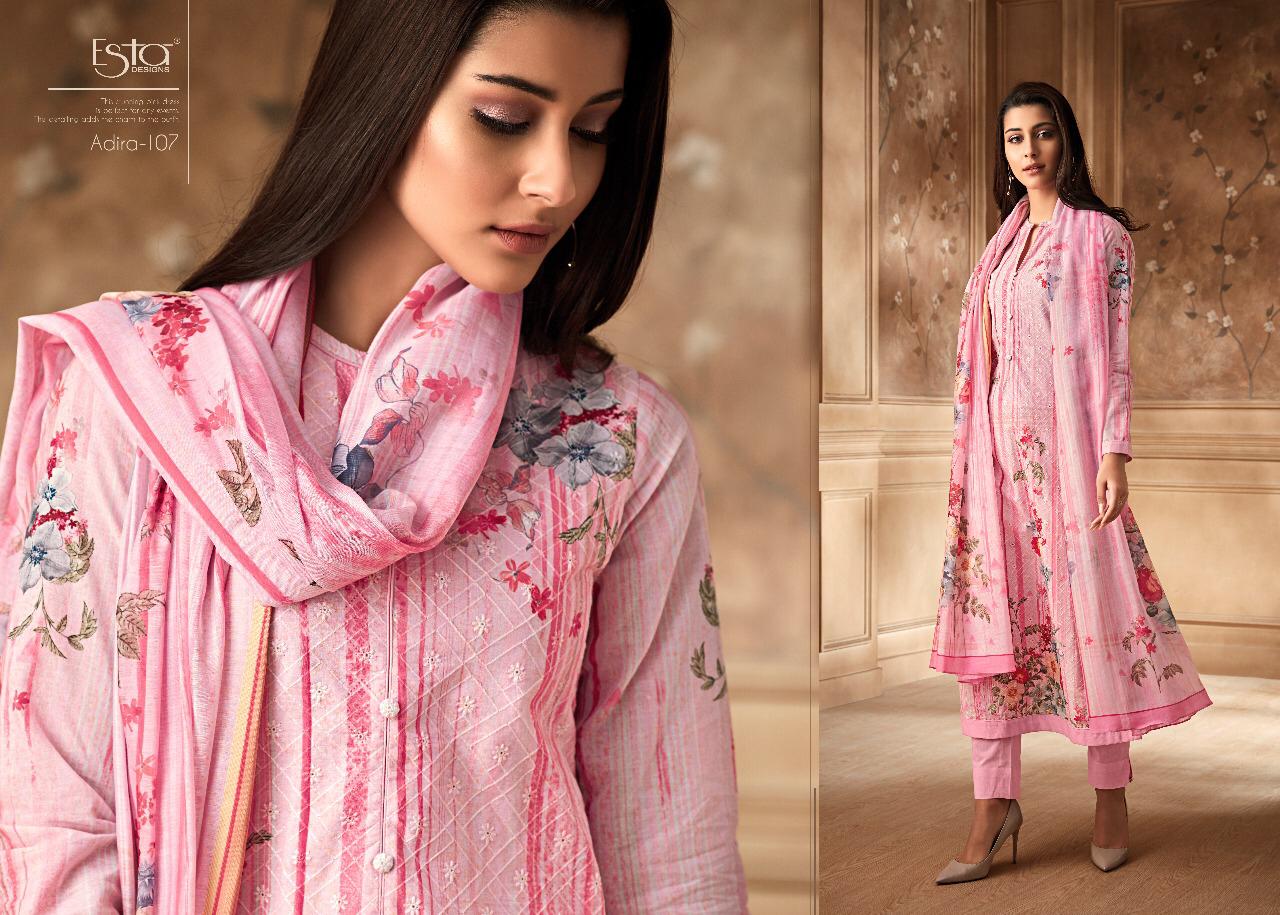 Adira By Esta Designs 101 To 112 Series Designer Suits Beautiful Stylish Fancy Colorful Party Wear & Occasional Wear Digital Printed Cotton Cambric With Shiffli Embroidery Dresses At Wholesale Price