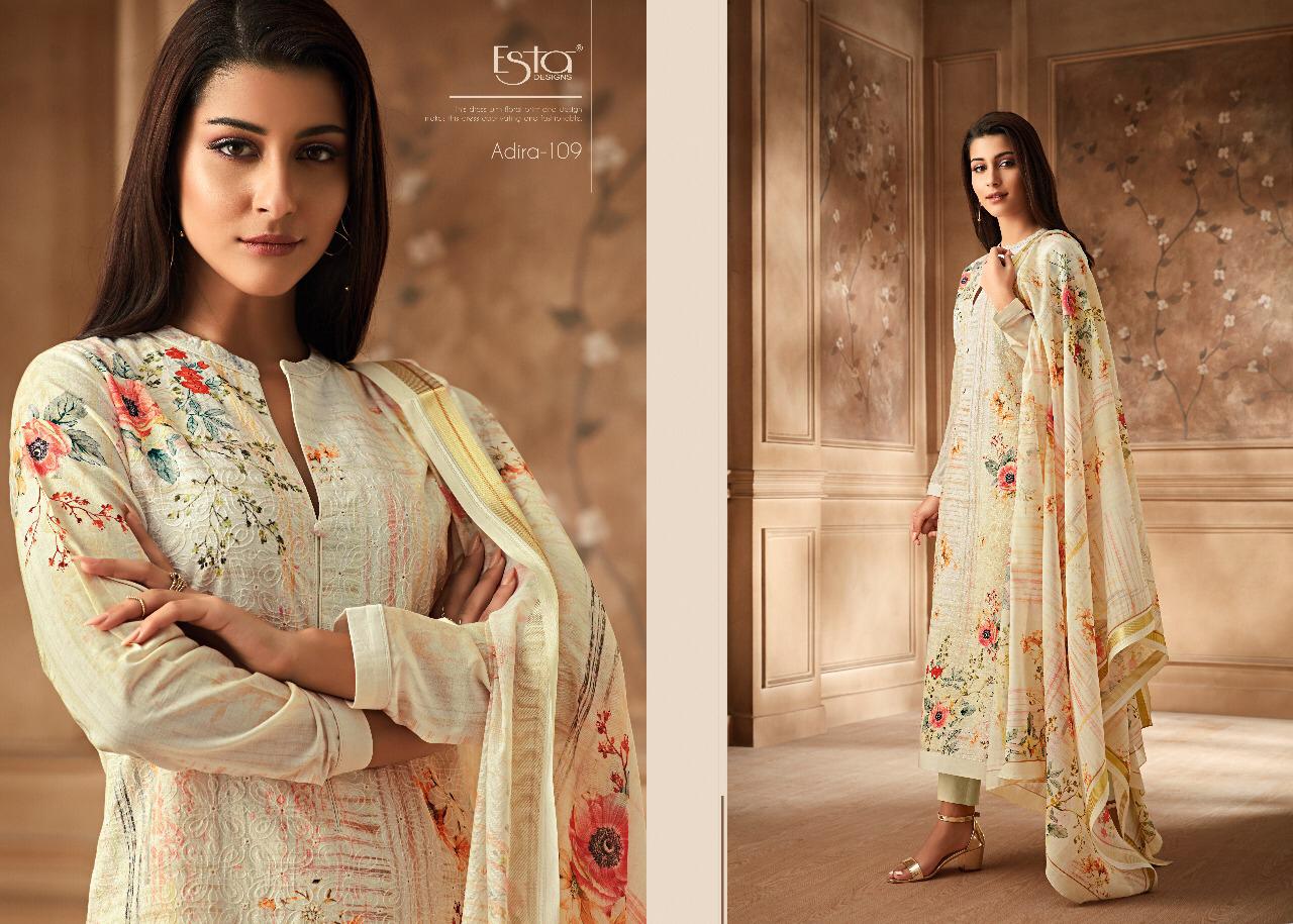 Adira By Esta Designs 101 To 112 Series Designer Suits Beautiful Stylish Fancy Colorful Party Wear & Occasional Wear Digital Printed Cotton Cambric With Shiffli Embroidery Dresses At Wholesale Price