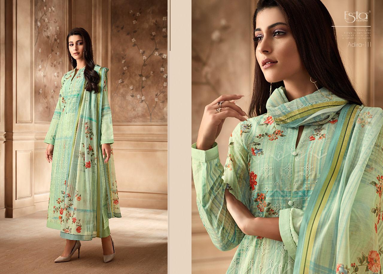 Adira By Esta Designs 101 To 112 Series Designer Suits Beautiful Stylish Fancy Colorful Party Wear & Occasional Wear Digital Printed Cotton Cambric With Shiffli Embroidery Dresses At Wholesale Price