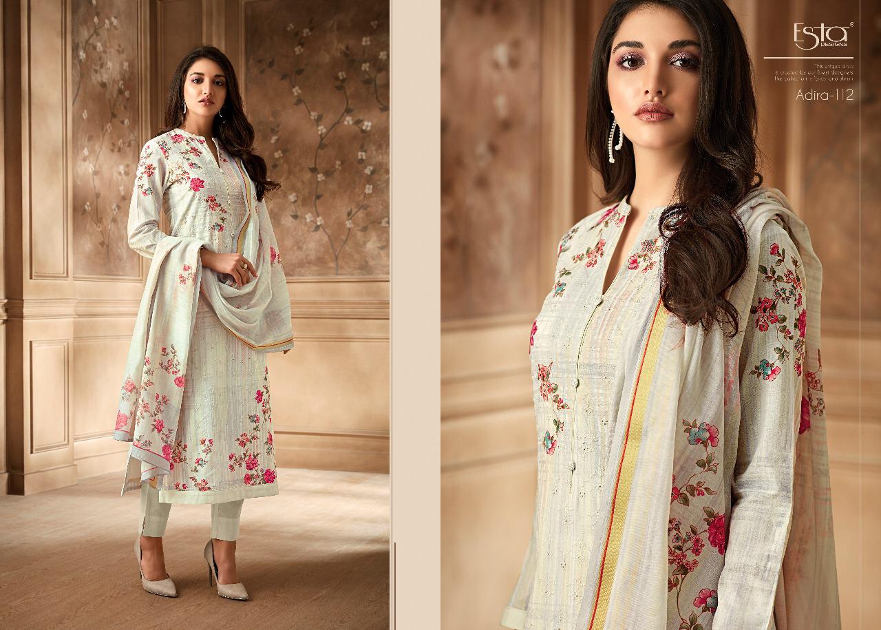 Adira By Esta Designs 101 To 112 Series Designer Suits Beautiful Stylish Fancy Colorful Party Wear & Occasional Wear Digital Printed Cotton Cambric With Shiffli Embroidery Dresses At Wholesale Price
