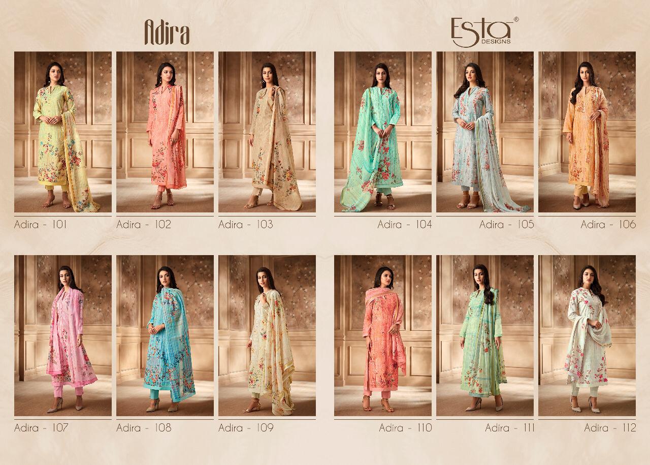 Adira By Esta Designs 101 To 112 Series Designer Suits Beautiful Stylish Fancy Colorful Party Wear & Occasional Wear Digital Printed Cotton Cambric With Shiffli Embroidery Dresses At Wholesale Price
