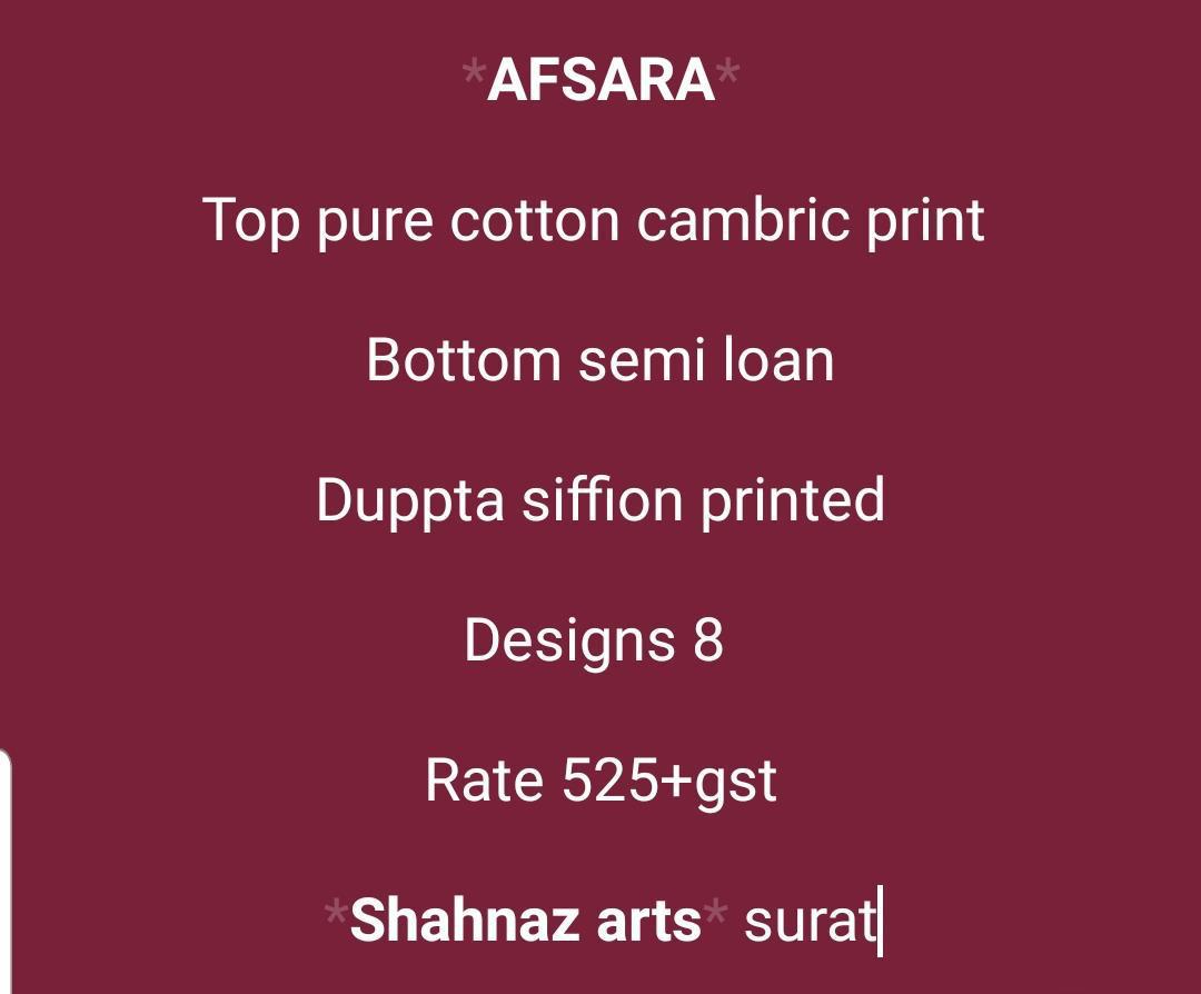 Afsara By Shahnaz Arts 3401 To 3408 Series Suits Beautiful Stylish Fancy Colorful Designer Party Wear & Ethnic Wear Pure Cotton Cambric Printed Dresses At Wholesale Price