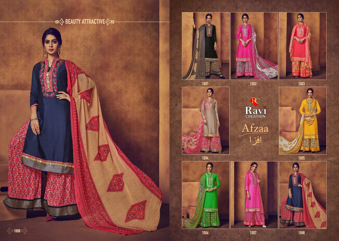 Afzaa Plazzo Vol-2 By Ravi Creation 1001 To 1008 Series Beautiful Pakistani Suits Stylish Fancy Colorful Party Wear & Ethnic Wear Satin Cotton Printed Dresses At Wholesale Price