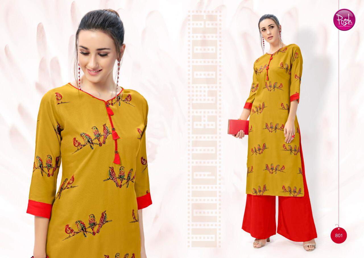 Aleeza By Posh 801 To 808 Series Beautiful Colorful Stylish Fancy Casual Wear & Ethnic Wear & Ready To Wear Rayon Print Kurtis With Palazzo At Wholesale Price