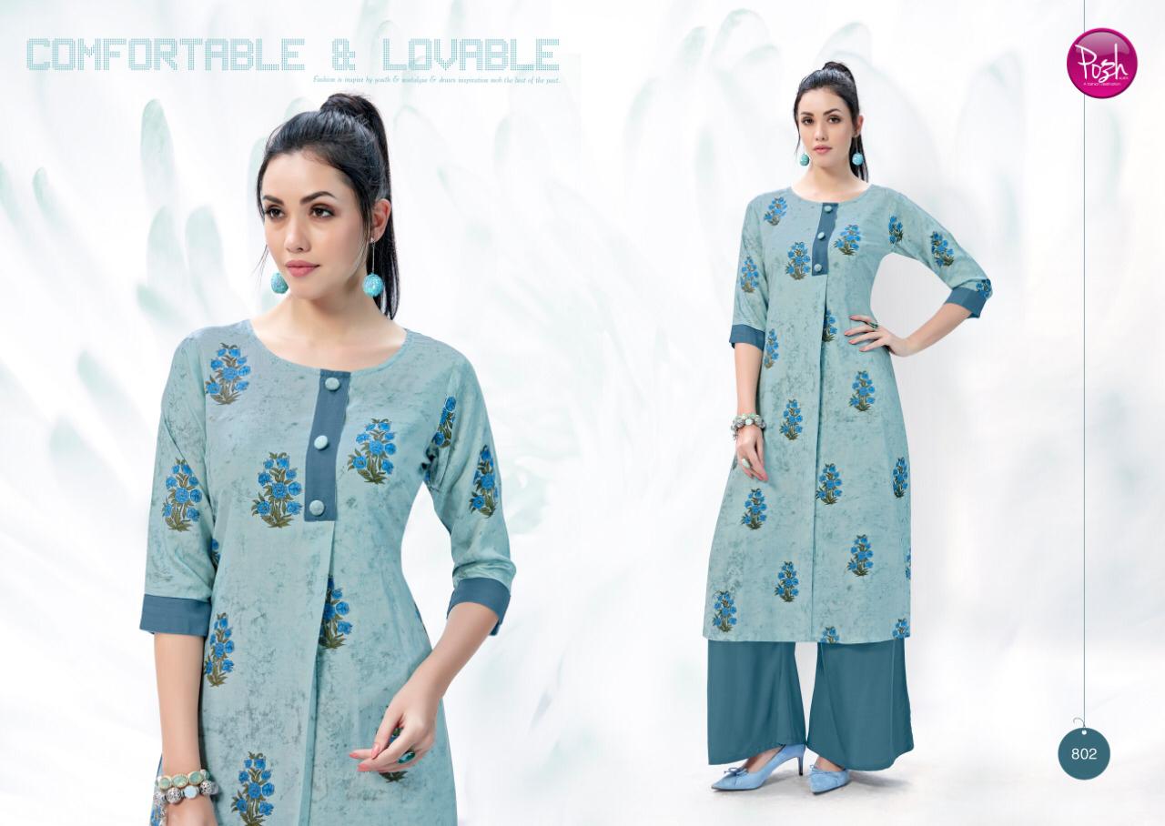 Aleeza By Posh 801 To 808 Series Beautiful Colorful Stylish Fancy Casual Wear & Ethnic Wear & Ready To Wear Rayon Print Kurtis With Palazzo At Wholesale Price