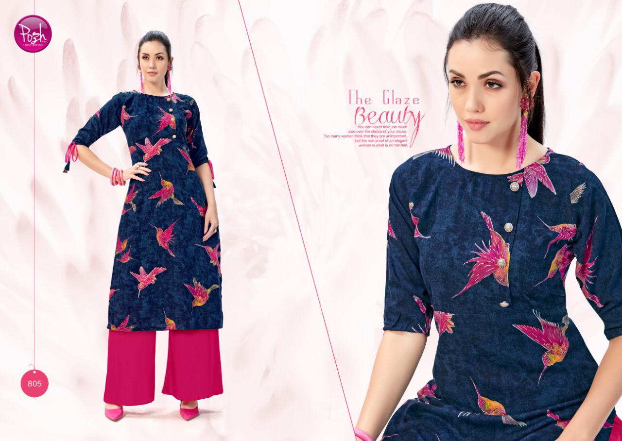 Aleeza By Posh 801 To 808 Series Beautiful Colorful Stylish Fancy Casual Wear & Ethnic Wear & Ready To Wear Rayon Print Kurtis With Palazzo At Wholesale Price