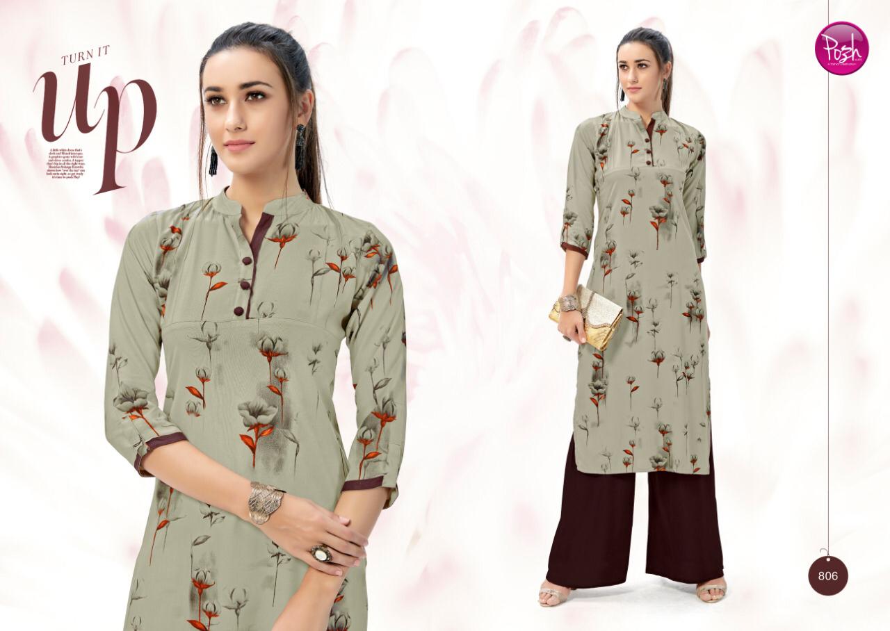 Aleeza By Posh 801 To 808 Series Beautiful Colorful Stylish Fancy Casual Wear & Ethnic Wear & Ready To Wear Rayon Print Kurtis With Palazzo At Wholesale Price
