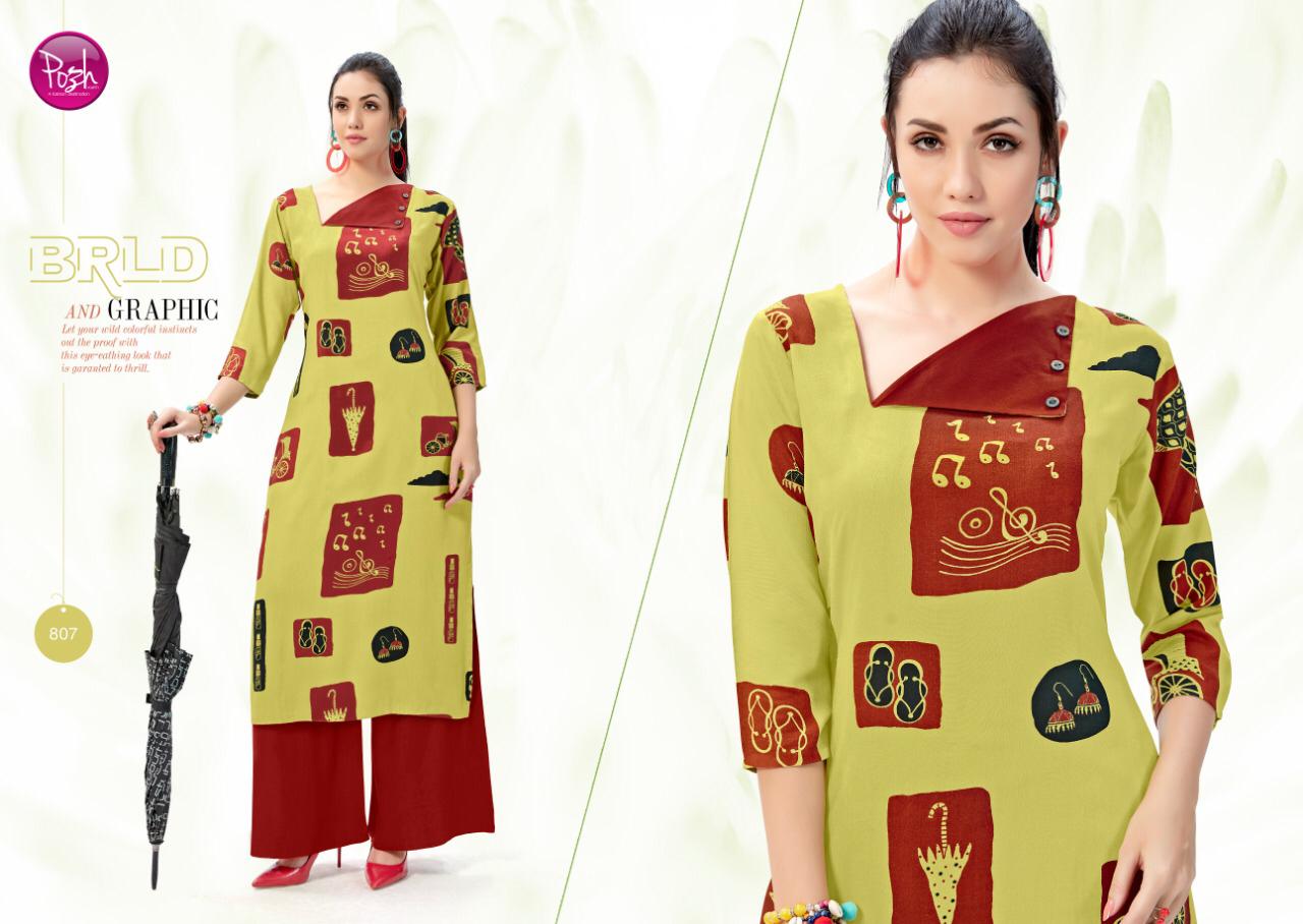 Aleeza By Posh 801 To 808 Series Beautiful Colorful Stylish Fancy Casual Wear & Ethnic Wear & Ready To Wear Rayon Print Kurtis With Palazzo At Wholesale Price