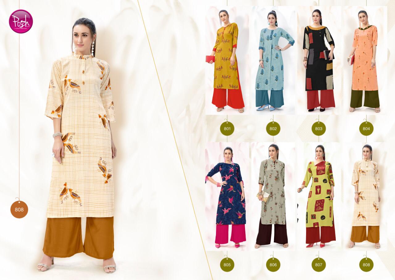 Aleeza By Posh 801 To 808 Series Beautiful Colorful Stylish Fancy Casual Wear & Ethnic Wear & Ready To Wear Rayon Print Kurtis With Palazzo At Wholesale Price