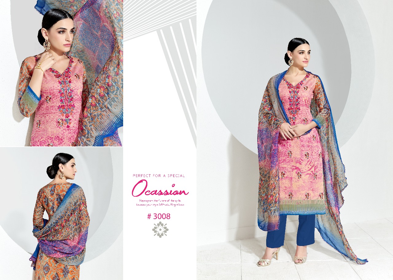Alifaa By Shri Vijay 3001 To 3008 Series Beautiful Stylish Fancy Colorful Casual Wear & Ethnic Wear Summer Collection Glace Satin Cotton Printed & Embroidered Dresses At Wholesale Price