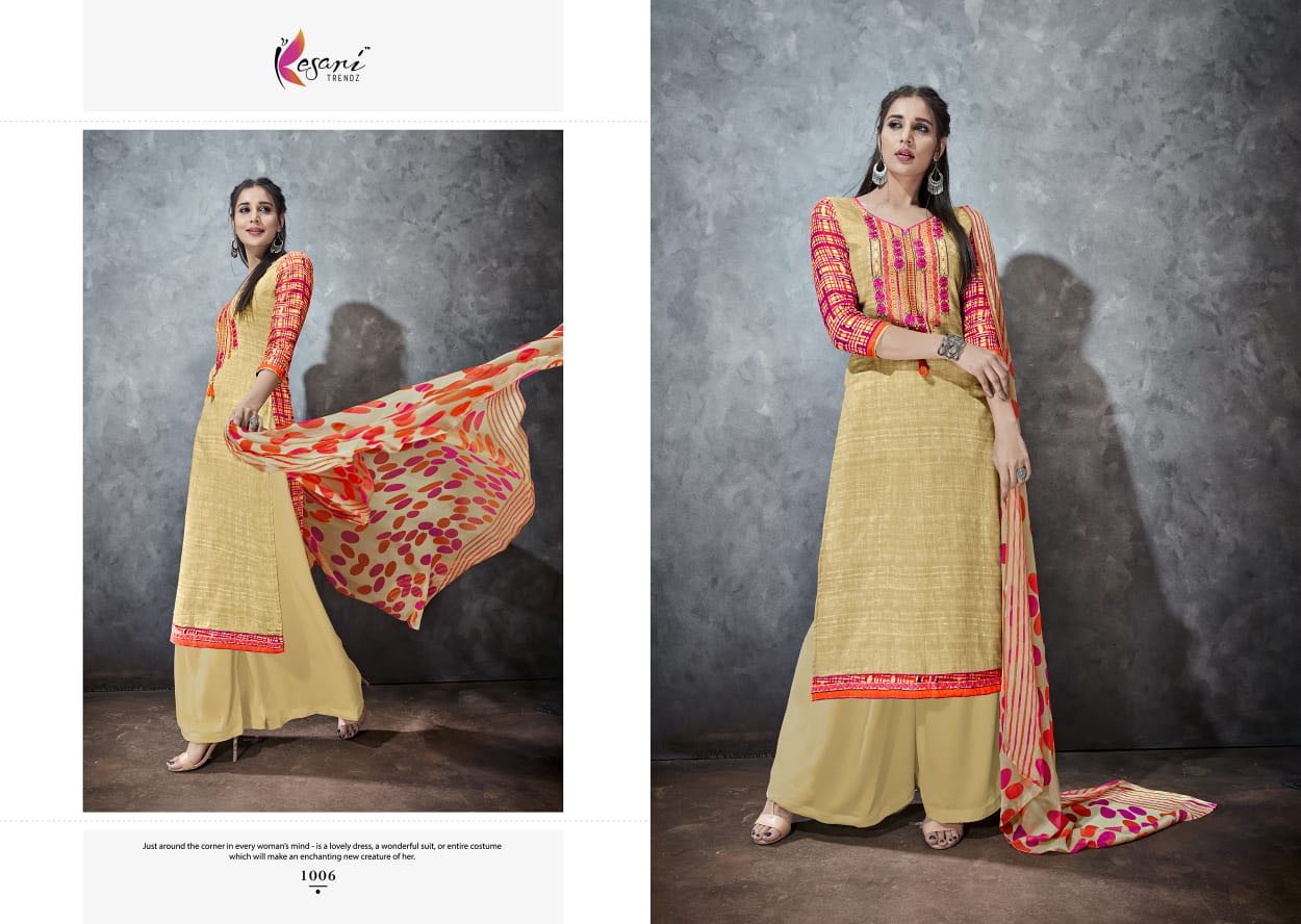 Alisa Vol-1 By Kesari Trendz 1001 To 1008 Series Beautiful Suits Collection Colorful Stylish Fancy Ethnic Wear & Casual Wear Pure Cotton Satin Embroidered Dresses At Wholesale Price