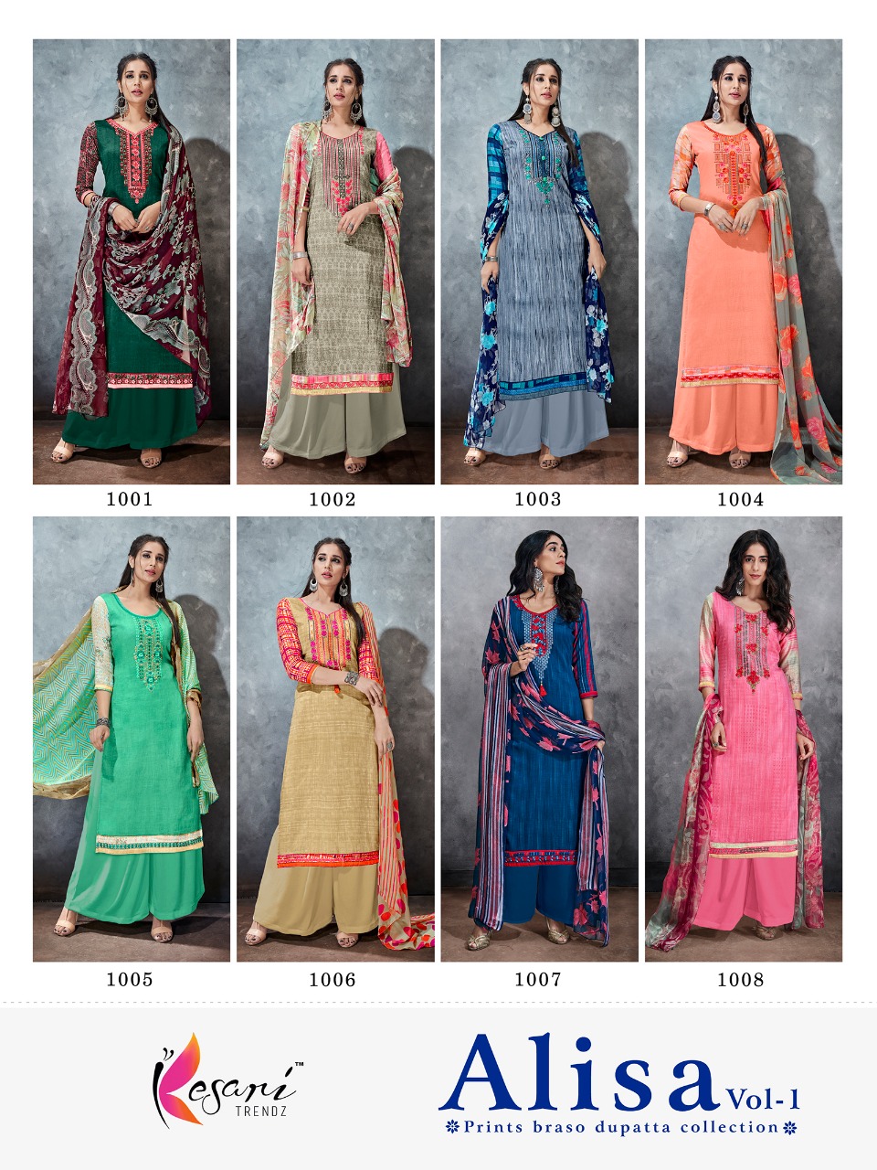 Alisa Vol-1 By Kesari Trendz 1001 To 1008 Series Beautiful Suits Collection Colorful Stylish Fancy Ethnic Wear & Casual Wear Pure Cotton Satin Embroidered Dresses At Wholesale Price