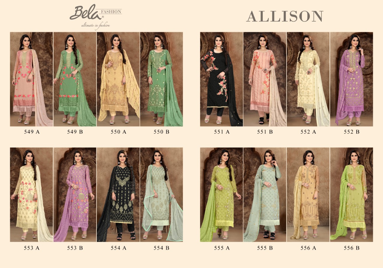 Allison By Bela Fashion 549-a To 556-b Series Designer Wear Collection Suits Colorful Stylish Fancy Beautiful Party Wear & Occasional Wear Organza Embroidered Dresses At Wholesale Price