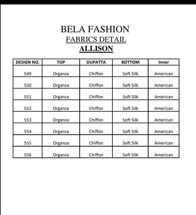 Allison By Bela Fashion 549-a To 556-b Series Designer Wear Collection Suits Colorful Stylish Fancy Beautiful Party Wear & Occasional Wear Organza Embroidered Dresses At Wholesale Price