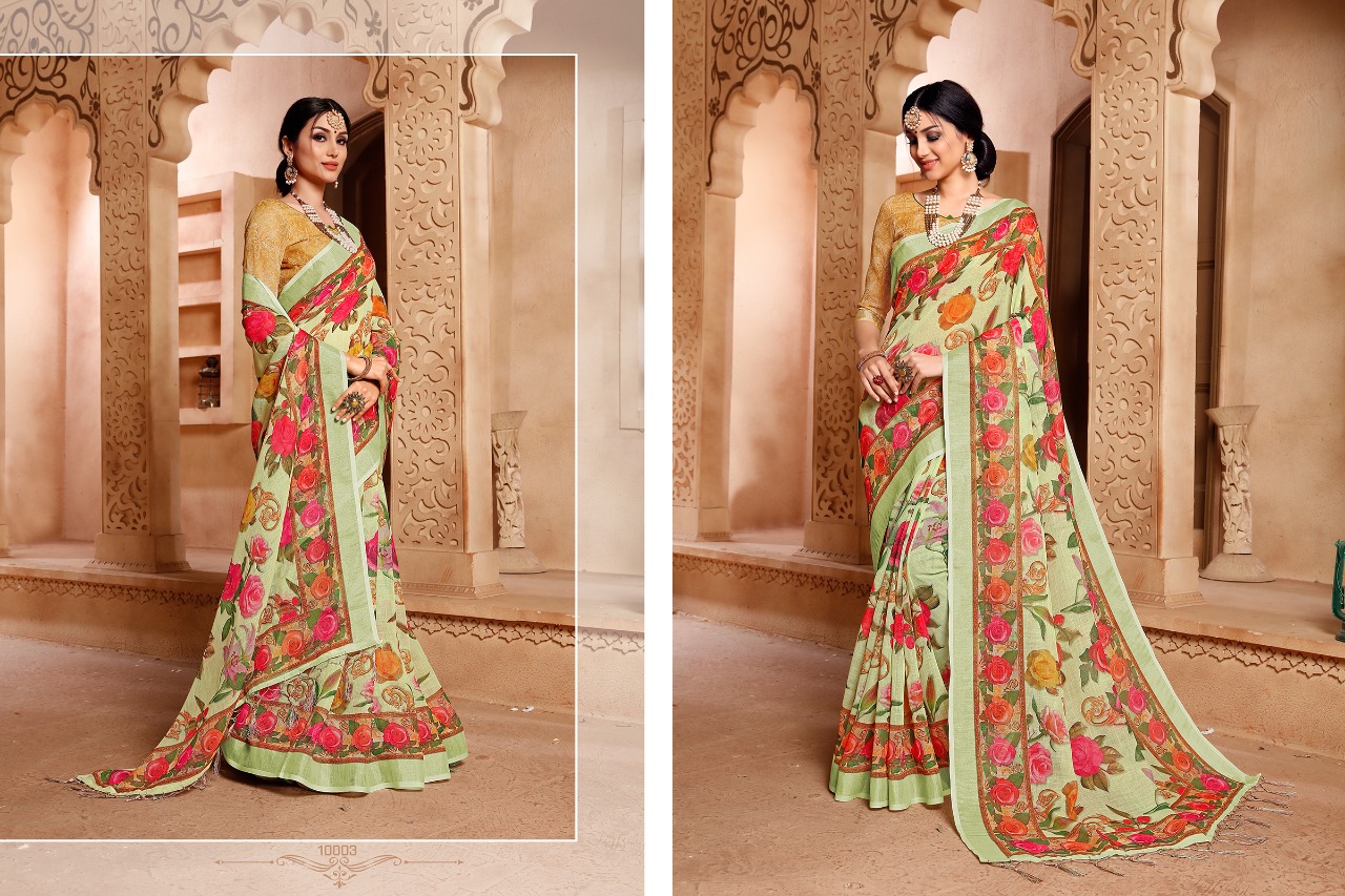 Amaira By Aanchal Sarees 10001 To 10010 Series Indian Traditional Wear Collection Beautiful Stylish Fancy Colorful Party Wear & Occasional Wear Linen Digitl Printed Sarees At Wholesale Price