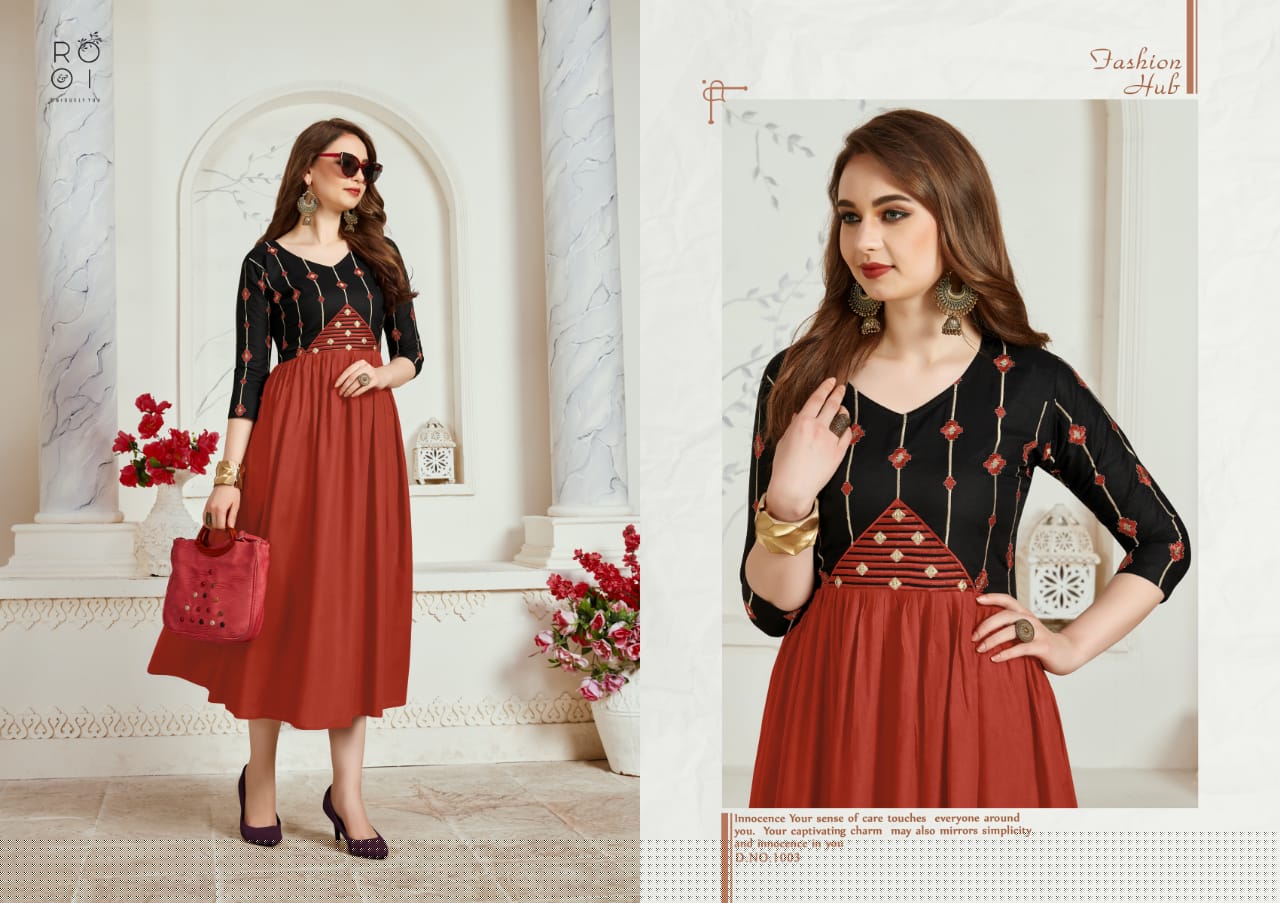 Amayra By Rooi Designer 1001 To 1006 Series Beautiful Stylish Colorful Fancy Party Wear & Ethnic Wear & Ready To Wear Rayon / Slub/ Two Tone Kurtis With Inner At Wholesale Price