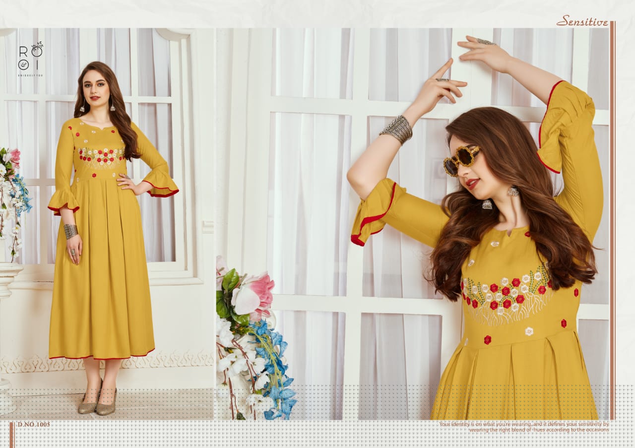 Amayra By Rooi Designer 1001 To 1006 Series Beautiful Stylish Colorful Fancy Party Wear & Ethnic Wear & Ready To Wear Rayon / Slub/ Two Tone Kurtis With Inner At Wholesale Price