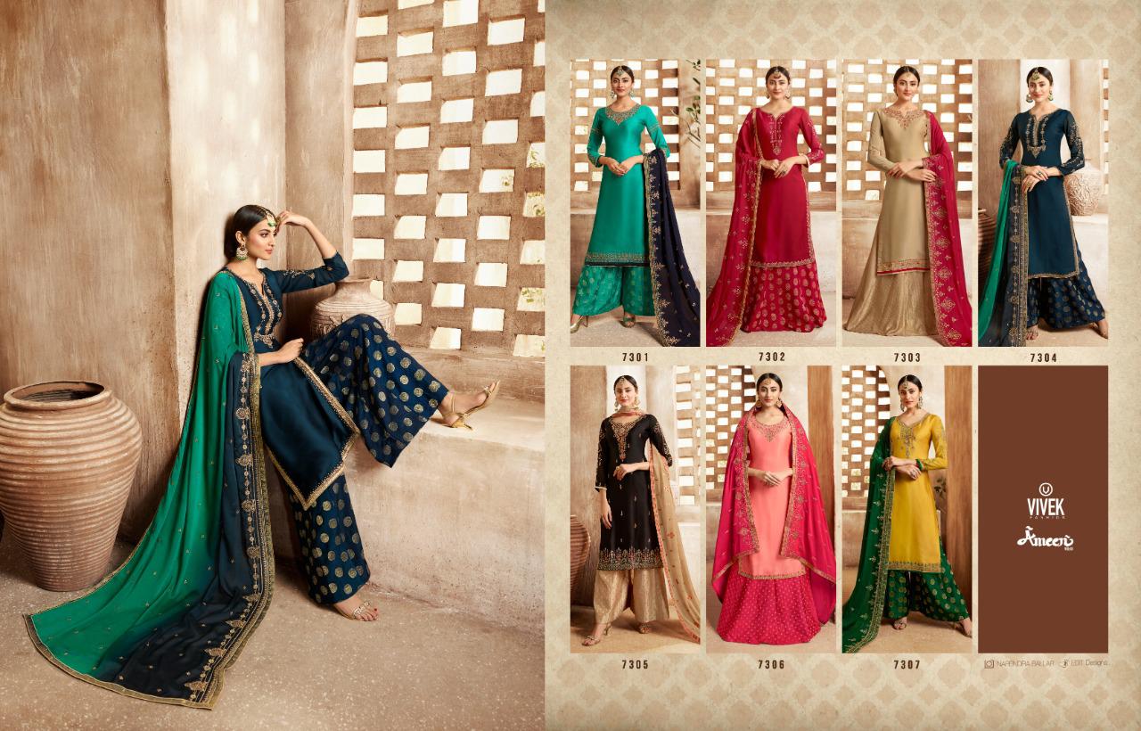 Ameen Vol-3 By Vivek Fashion 7301 To 7307 Series Beautiful Suits Stylish Fancy Colorful Casual Wear & Ethnic Wear Collection Satin Georgette Embroidered Dresses At Wholesale Price