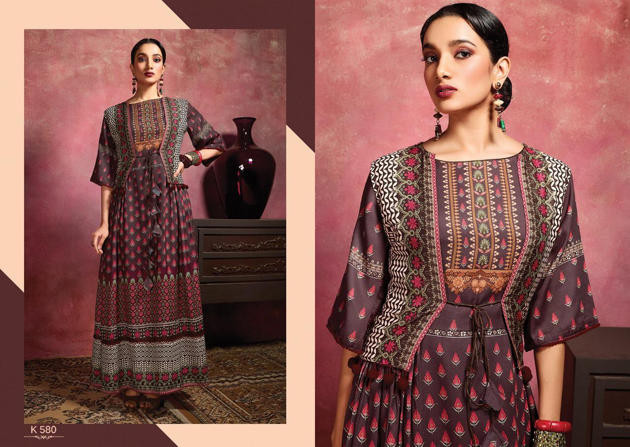 Amora By Eternal 580 To 588 Series Beautiful Stylish Fancy Colorful Casual Wear & Ethnic Wear & Ready To Wear Rose Cotton Digital Printed Multilayered Gown With Jacket Gowns At Wholesale Price