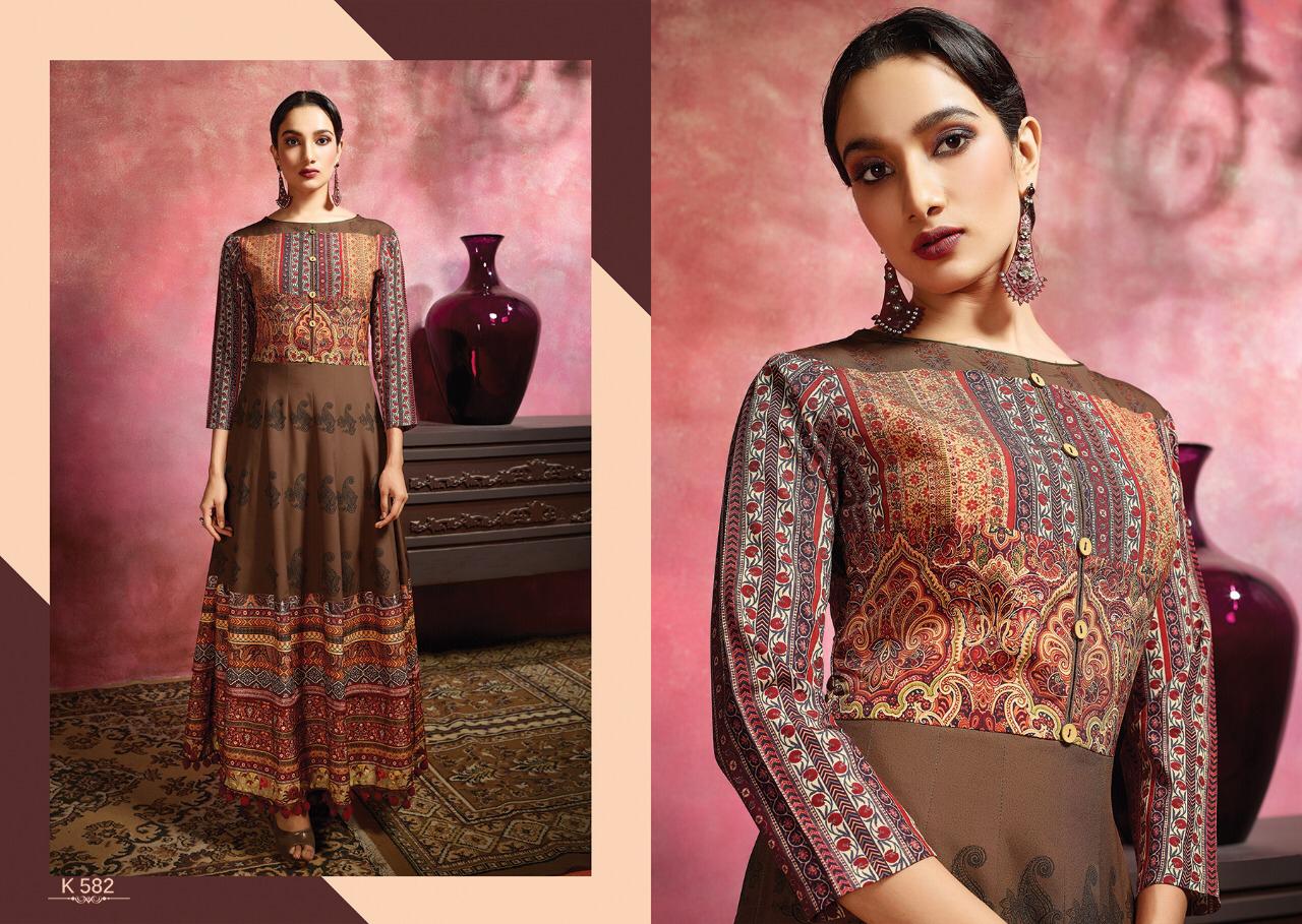 Amora By Eternal 580 To 588 Series Beautiful Stylish Fancy Colorful Casual Wear & Ethnic Wear & Ready To Wear Rose Cotton Digital Printed Multilayered Gown With Jacket Gowns At Wholesale Price