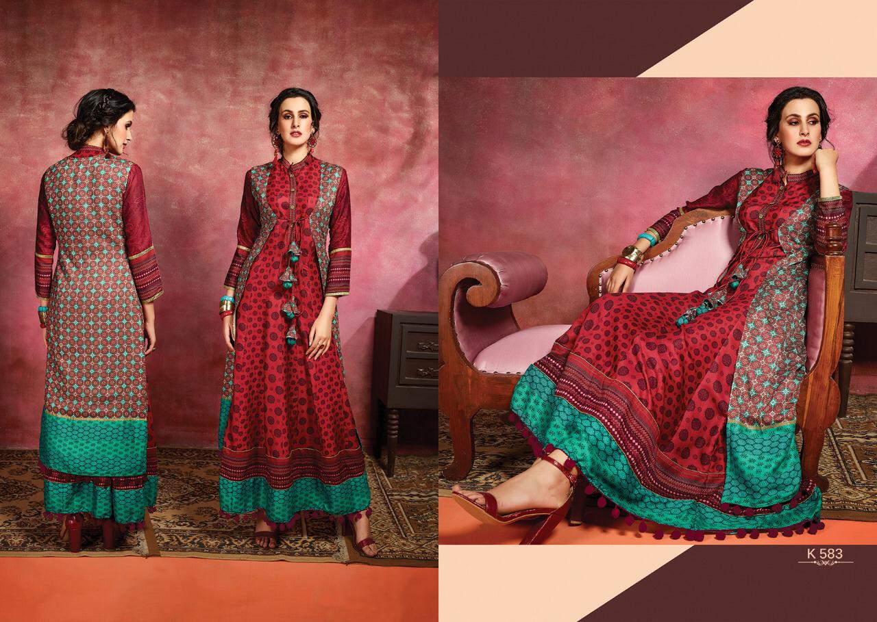 Amora By Eternal 580 To 588 Series Beautiful Stylish Fancy Colorful Casual Wear & Ethnic Wear & Ready To Wear Rose Cotton Digital Printed Multilayered Gown With Jacket Gowns At Wholesale Price