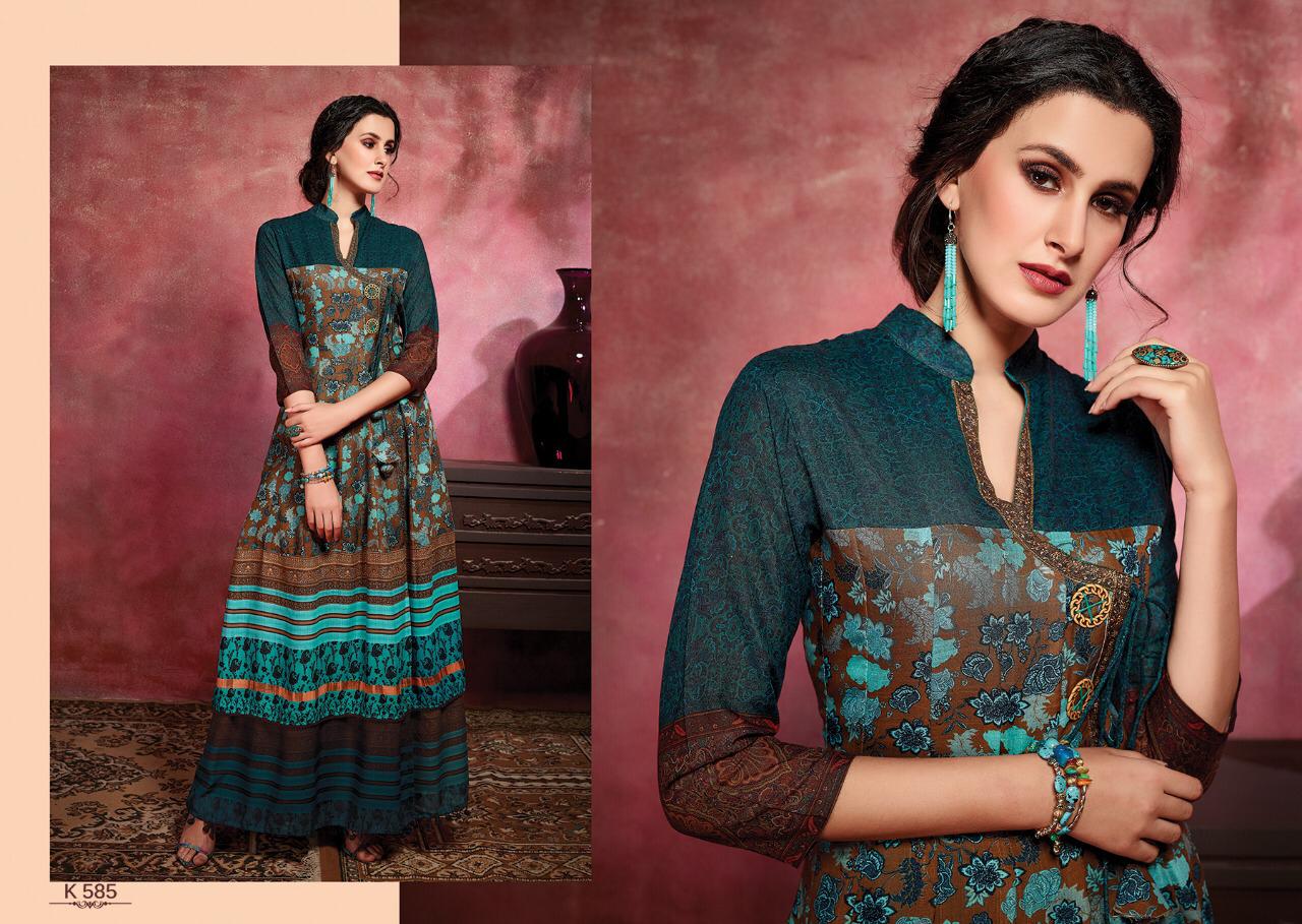 Amora By Eternal 580 To 588 Series Beautiful Stylish Fancy Colorful Casual Wear & Ethnic Wear & Ready To Wear Rose Cotton Digital Printed Multilayered Gown With Jacket Gowns At Wholesale Price
