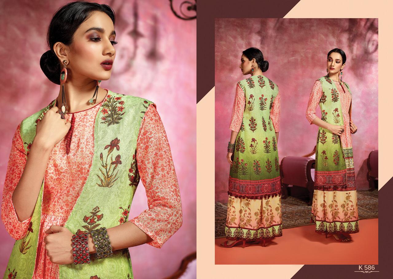 Amora By Eternal 580 To 588 Series Beautiful Stylish Fancy Colorful Casual Wear & Ethnic Wear & Ready To Wear Rose Cotton Digital Printed Multilayered Gown With Jacket Gowns At Wholesale Price