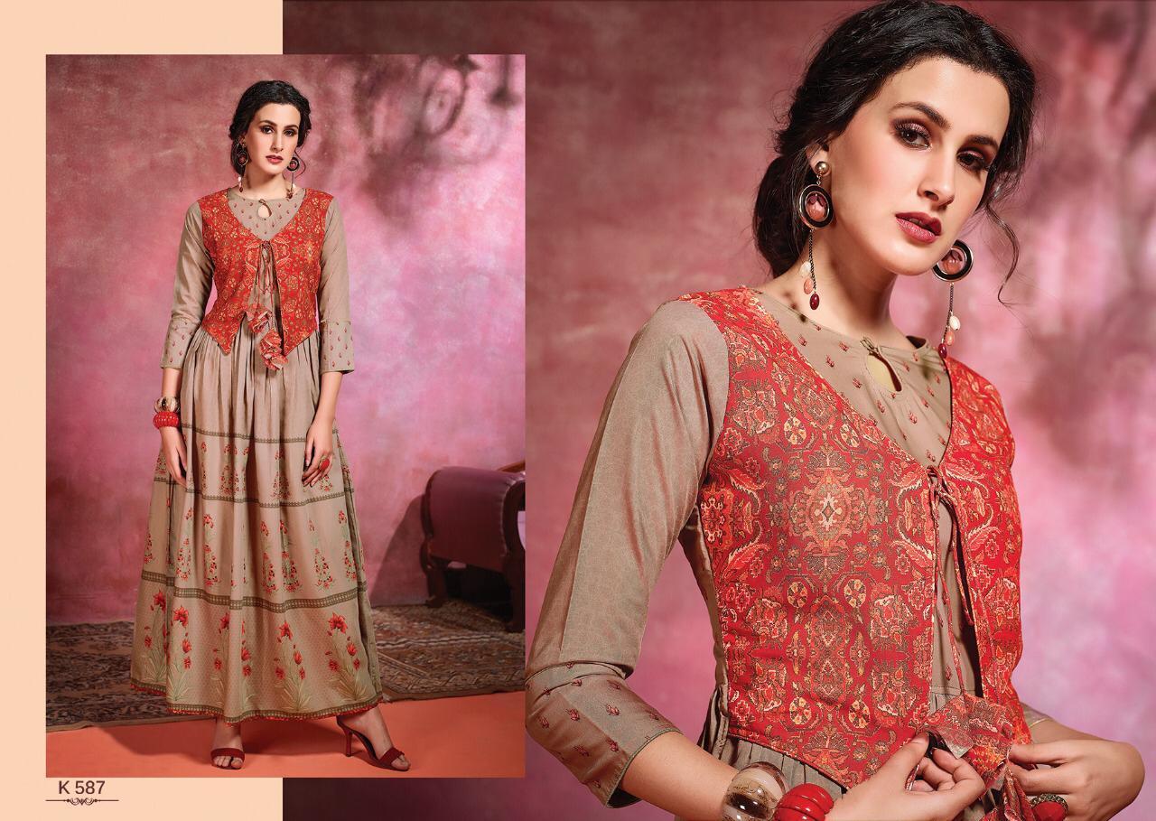 Amora By Eternal 580 To 588 Series Beautiful Stylish Fancy Colorful Casual Wear & Ethnic Wear & Ready To Wear Rose Cotton Digital Printed Multilayered Gown With Jacket Gowns At Wholesale Price