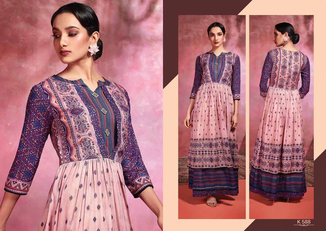 Amora By Eternal 580 To 588 Series Beautiful Stylish Fancy Colorful Casual Wear & Ethnic Wear & Ready To Wear Rose Cotton Digital Printed Multilayered Gown With Jacket Gowns At Wholesale Price