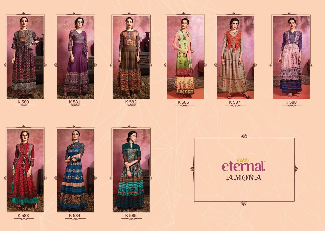 Amora By Eternal 580 To 588 Series Beautiful Stylish Fancy Colorful Casual Wear & Ethnic Wear & Ready To Wear Rose Cotton Digital Printed Multilayered Gown With Jacket Gowns At Wholesale Price