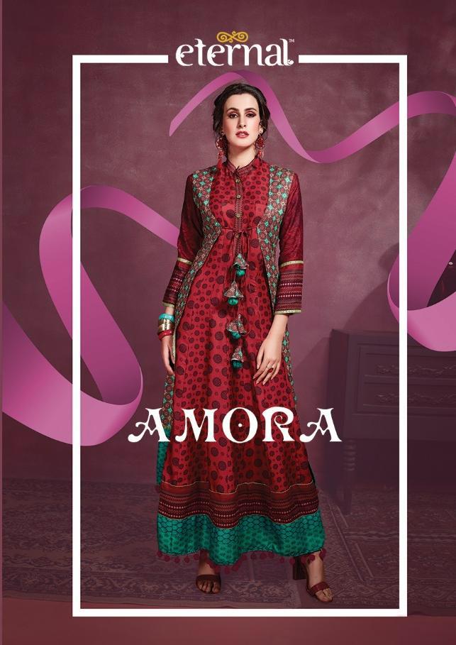 Amora By Eternal 580 To 588 Series Beautiful Stylish Fancy Colorful Casual Wear & Ethnic Wear & Ready To Wear Rose Cotton Digital Printed Multilayered  Gown With Jacket Gowns At Wholesale Price