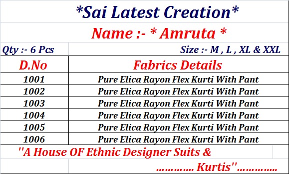 Amruta By Sai Latest Creation 1001 To 1006 Series Stylish Colorful Fancy Beautiful Casual Wear & Ethnic Wear Pure Elica Rayon Flex Kurtis At Wholesale Price