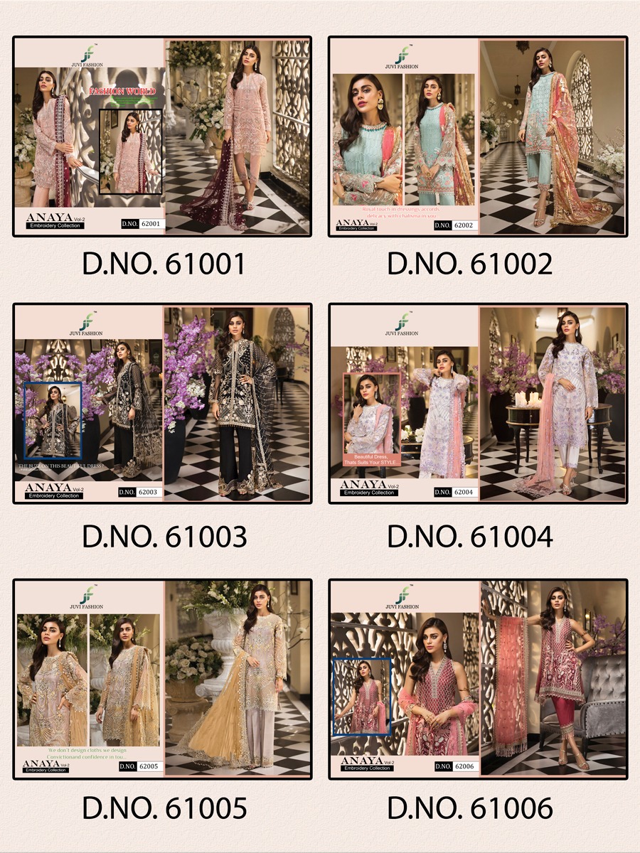 Anaya Embroidery Collection Vol-2 By Juvi Fashion 62001 To 62006 Series Beautiful Pakistani Suits Stylish Fancy Colorful Party Wear & Ethnic Wear Faux Georgette With Heavy Embroidery Dresses At Wholesale Price