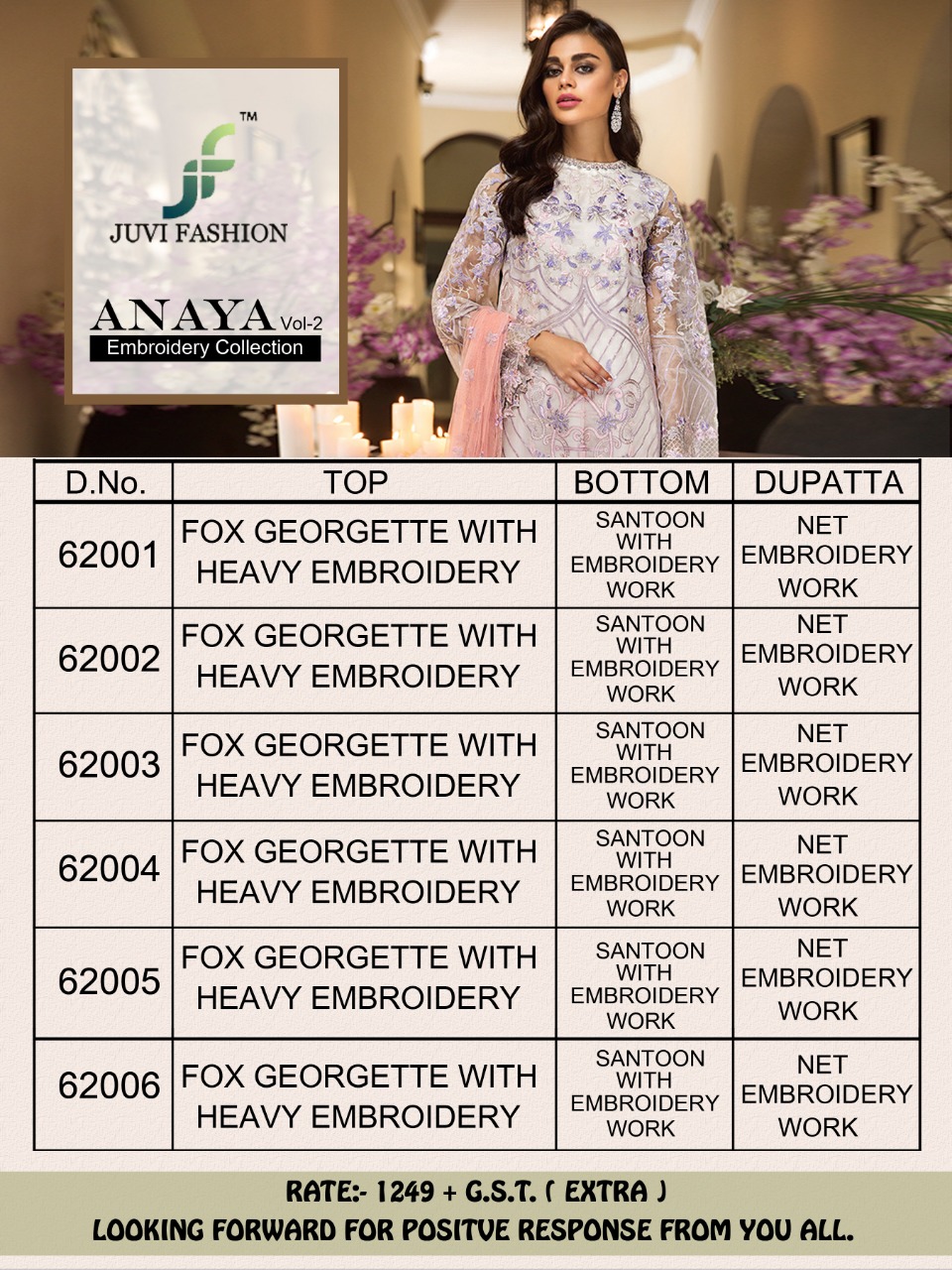 Anaya Embroidery Collection Vol-2 By Juvi Fashion 62001 To 62006 Series Beautiful Pakistani Suits Stylish Fancy Colorful Party Wear & Ethnic Wear Faux Georgette With Heavy Embroidery Dresses At Wholesale Price