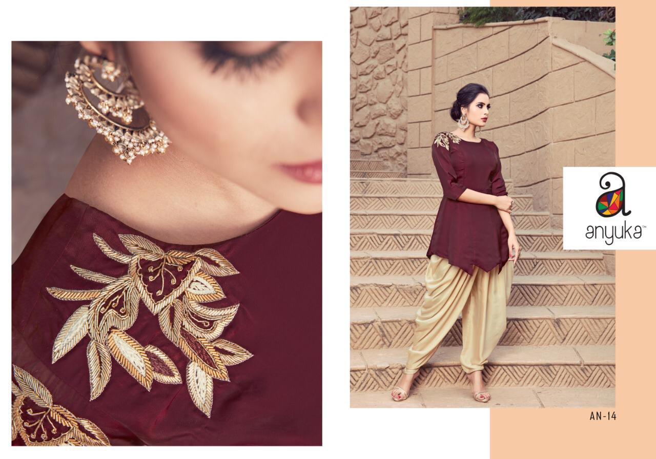Anyuka An-09 To An-17 Series By Anyuka Beautiful Colorful Stylish Fancy Casual Wear & Ethnic Wear & Ready To Wear Modal Satin Handwork Kurtis With Palazzo At Wholesale Price
