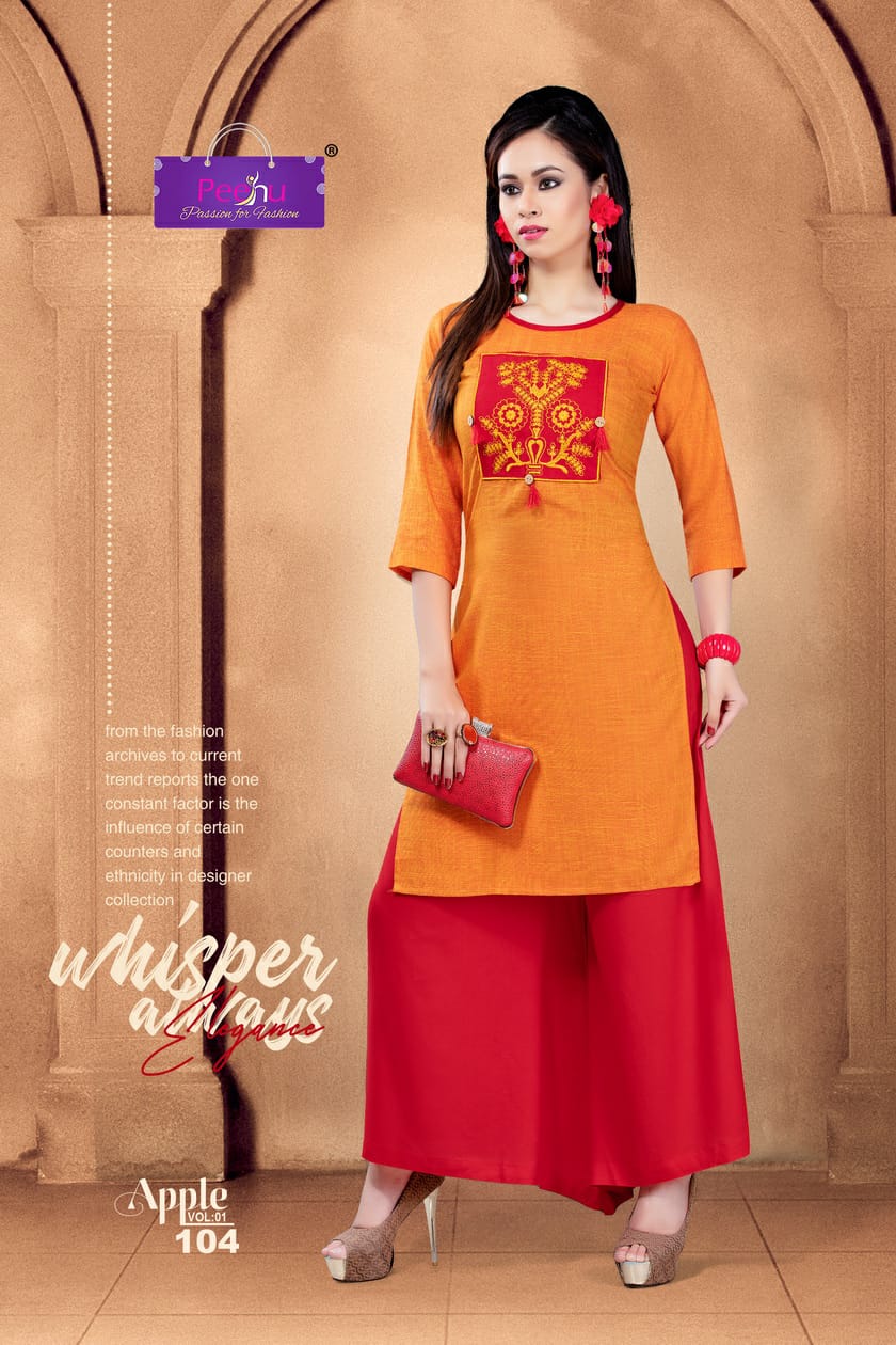 Apple By Peehu 101 To 106 Series Stylish Fancy Beautiful Colorful Casual Wear & Ethnic Wear Rayon Two Tone Printed Kurtis With Bottom At Wholesale Price