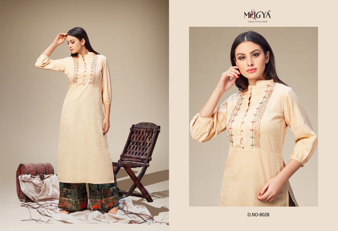 Applique Vol-2 By Mrigya 8028 To 8035 Series Beautiful Colorful Stylish Fancy Casual Wear & Ethnic Wear & Ready To Wear Cotton Flex Kurtis & Palazzos At Wholesale Price