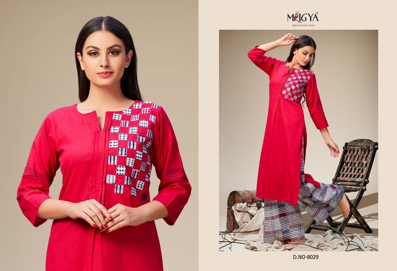 Applique Vol-2 By Mrigya 8028 To 8035 Series Beautiful Colorful Stylish Fancy Casual Wear & Ethnic Wear & Ready To Wear Cotton Flex Kurtis & Palazzos At Wholesale Price