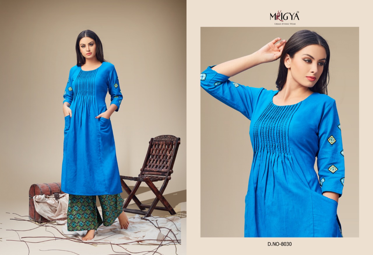 Applique Vol-2 By Mrigya 8028 To 8035 Series Beautiful Colorful Stylish Fancy Casual Wear & Ethnic Wear & Ready To Wear Cotton Flex Kurtis & Palazzos At Wholesale Price