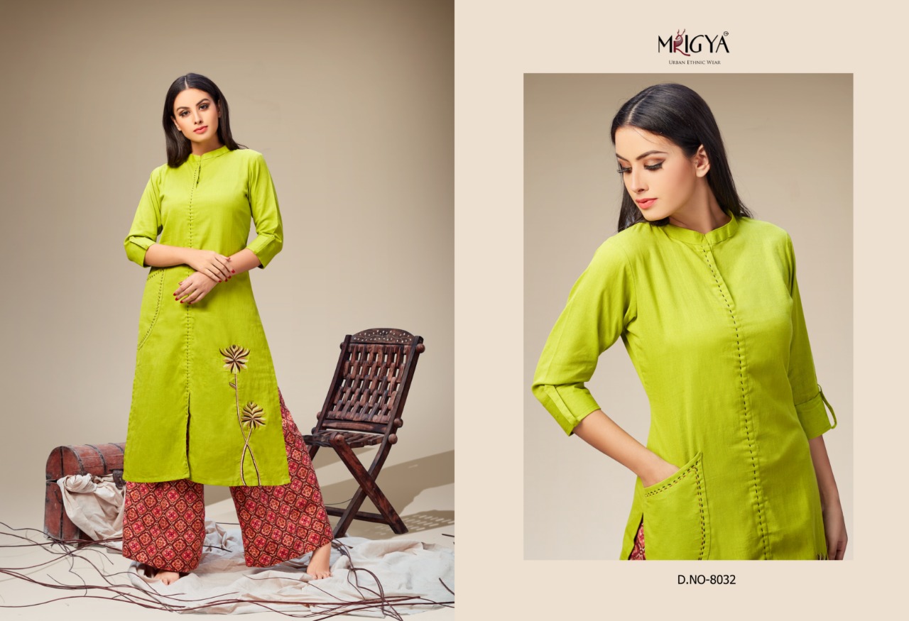 Applique Vol-2 By Mrigya 8028 To 8035 Series Beautiful Colorful Stylish Fancy Casual Wear & Ethnic Wear & Ready To Wear Cotton Flex Kurtis & Palazzos At Wholesale Price