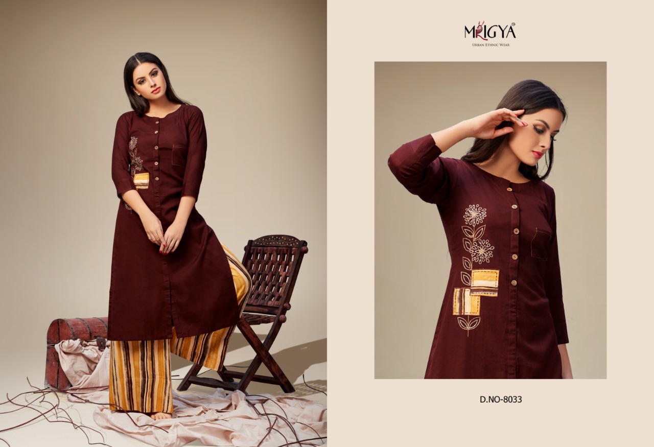 Applique Vol-2 By Mrigya 8028 To 8035 Series Beautiful Colorful Stylish Fancy Casual Wear & Ethnic Wear & Ready To Wear Cotton Flex Kurtis & Palazzos At Wholesale Price