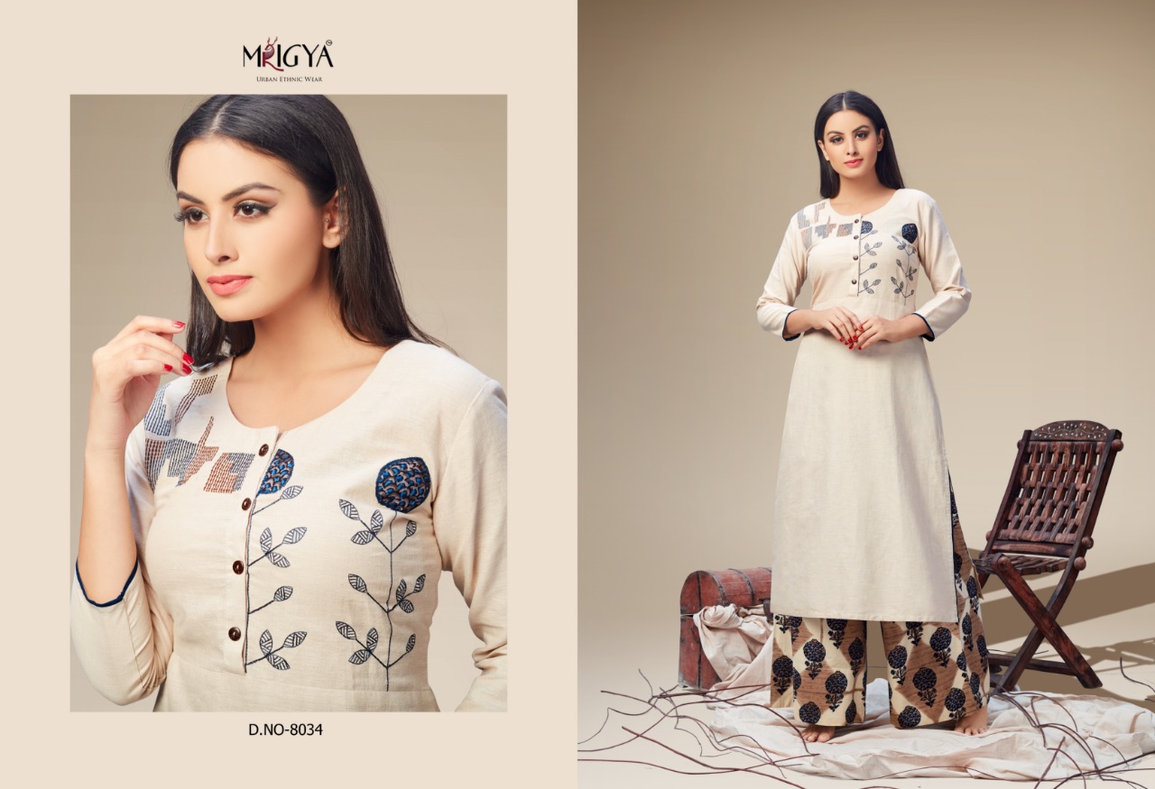 Applique Vol-2 By Mrigya 8028 To 8035 Series Beautiful Colorful Stylish Fancy Casual Wear & Ethnic Wear & Ready To Wear Cotton Flex Kurtis & Palazzos At Wholesale Price