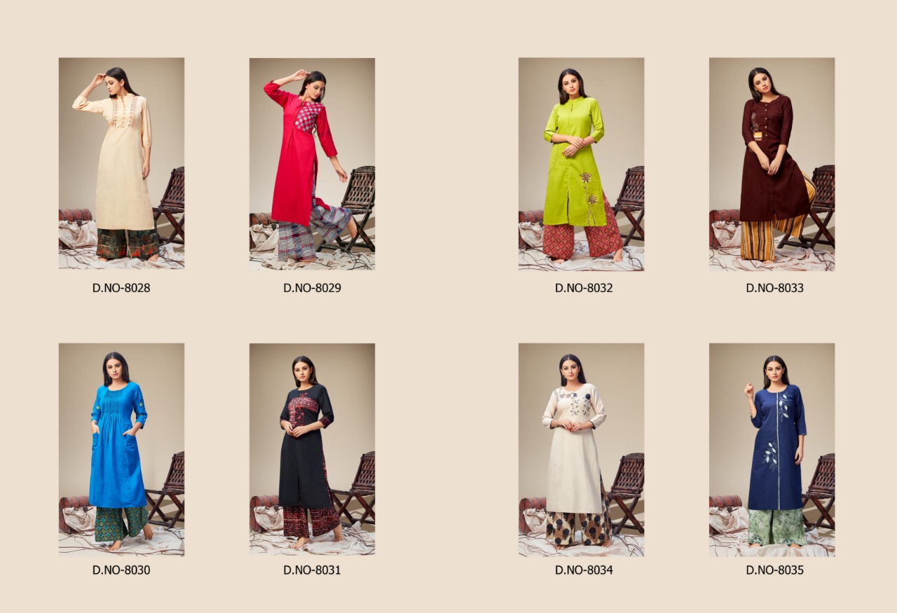 Applique Vol-2 By Mrigya 8028 To 8035 Series Beautiful Colorful Stylish Fancy Casual Wear & Ethnic Wear & Ready To Wear Cotton Flex Kurtis & Palazzos At Wholesale Price