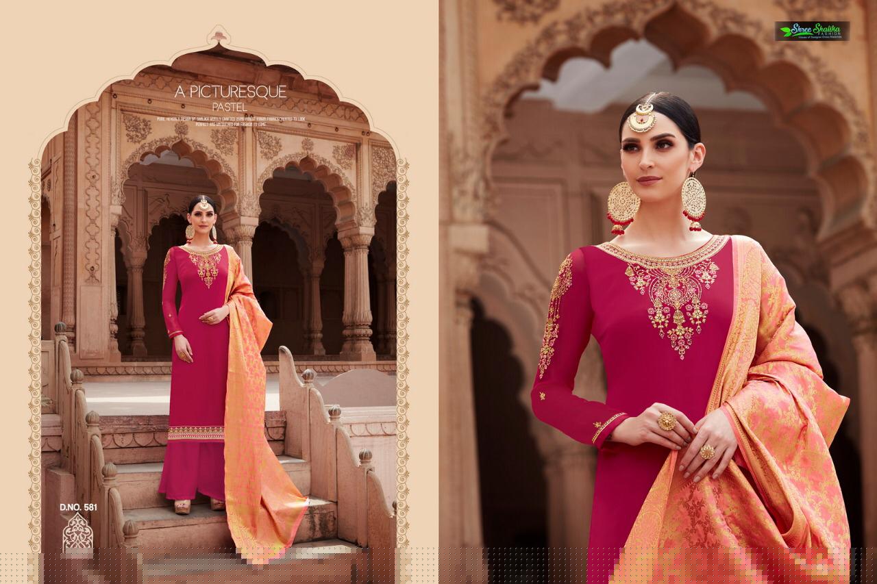 Apsara Vol-5 By Shree Shalika 581 To 587 Series Designer Festive Suits Collection Beautiful Stylish Fancy Colorful Party Wear & Occasional Wear Sartin Georgette With Embroidery Dresses At Wholesale Price